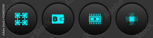 Set Blockchain technology, Cryptocurrency wallet, bitcoin with circuit and Processor icon. Vector