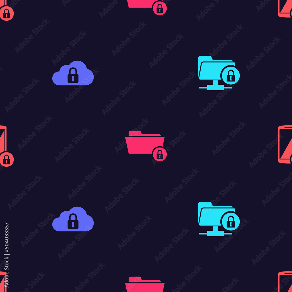 Set FTP folder and lock, Cloud computing, Folder and Smartphone with on seamless pattern. Vector Set FTP folder and lock, Cloud computing, Folder and Smartphone with on seamless pattern. Vector