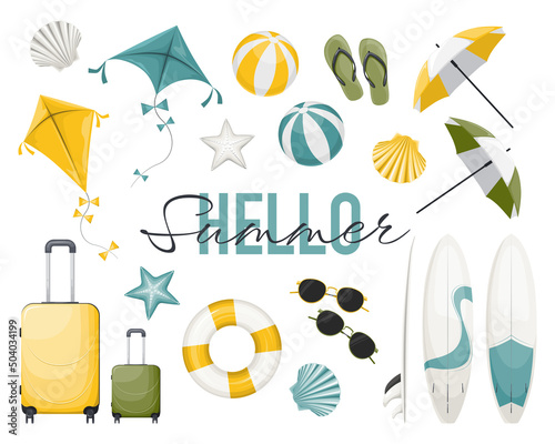 Set of yellow, green and turquoise summer beach icons with surfboards, baggage, seashells, beach balls, umbrella, kites and sign