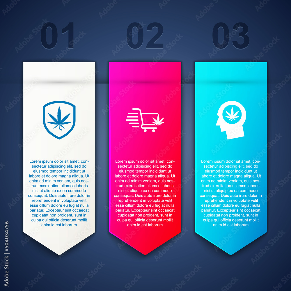Set Shield and marijuana, Shopping cart with and Head profile. Business infographic template. Vector Set Shield and marijuana, Shopping cart with and Head profile. Business infographic template. Vector