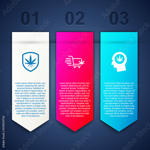 Set Shield and marijuana, Shopping cart with and Head profile. Business infographic template. Vector