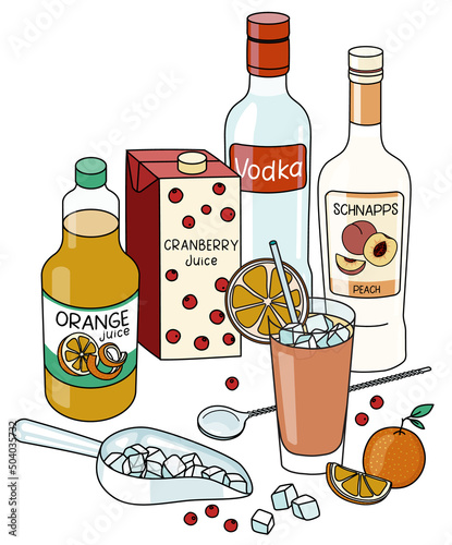 Stylish doodle cartoon Sex on the Beach cocktail composition. Apple schnapps and vodka bottles, cranberry and orange juice, bar shaker and orange. For bar menu, cook book recipe, stickers or cards