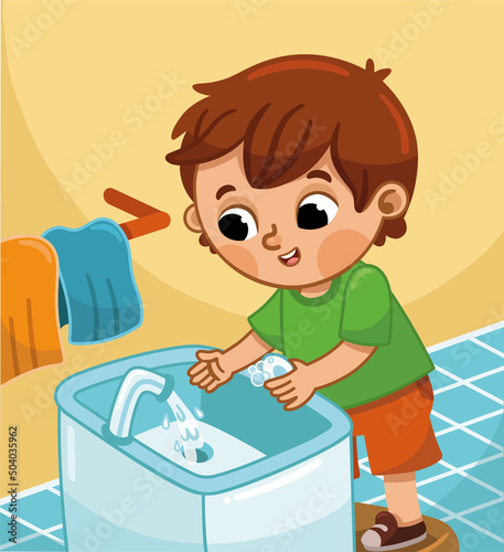 Vector illustration of a little boy washing his hands in the bathroom.
