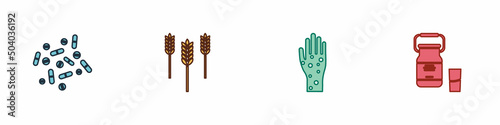 Set Medicine pill or tablet, Wheat, Hand with psoriasis eczema and Can container for milk icon. Vector
