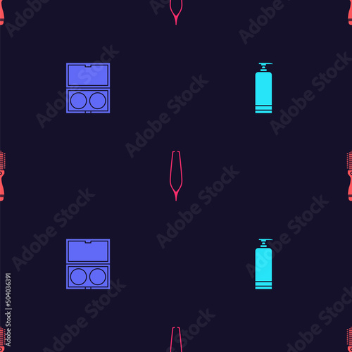 Set Cream cosmetic tube, Makeup powder with mirror, Eyebrow tweezers and Hairbrush on seamless pattern. Vector