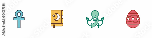 Set Cross ankh, Holy book of Koran, Jesus Christ and Easter egg icon. Vector