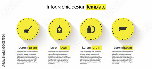 Set Brush for cleaning, Hand sanitizer bottle, Dishwashing liquid plate and Bathtub. Business infographic template. Vector