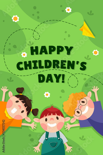 Happy childrens day with three childs vector design. Group of little kids.
