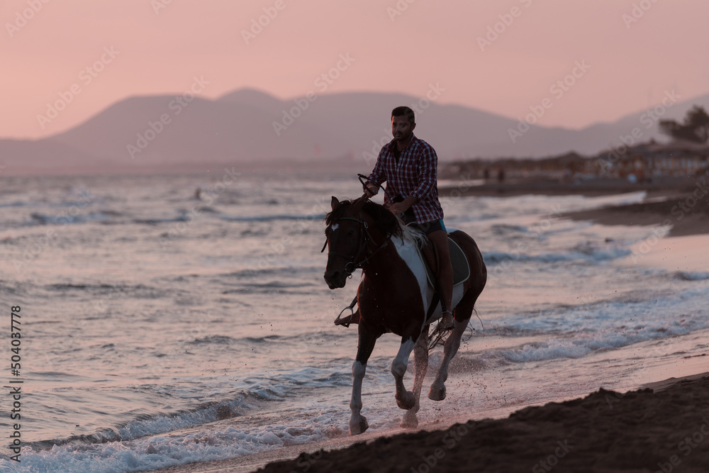A modern man in summer clothes enjoys riding a horse on a beautiful sandy beach at sunset. Selective focus A modern man in summer clothes enjoys riding a horse on a beautiful sandy beach at sunset. Selective focus