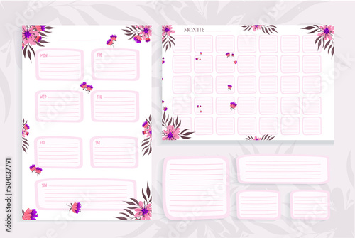 Template table planner pages for weekly, and monthly with tropical flowers and eucalyptus leaves. Set of organizer page, diary, and daily control book. Life planners, weekly and days organizers