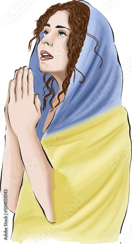 praying Ukrainian woman in a blue yellow headscarf