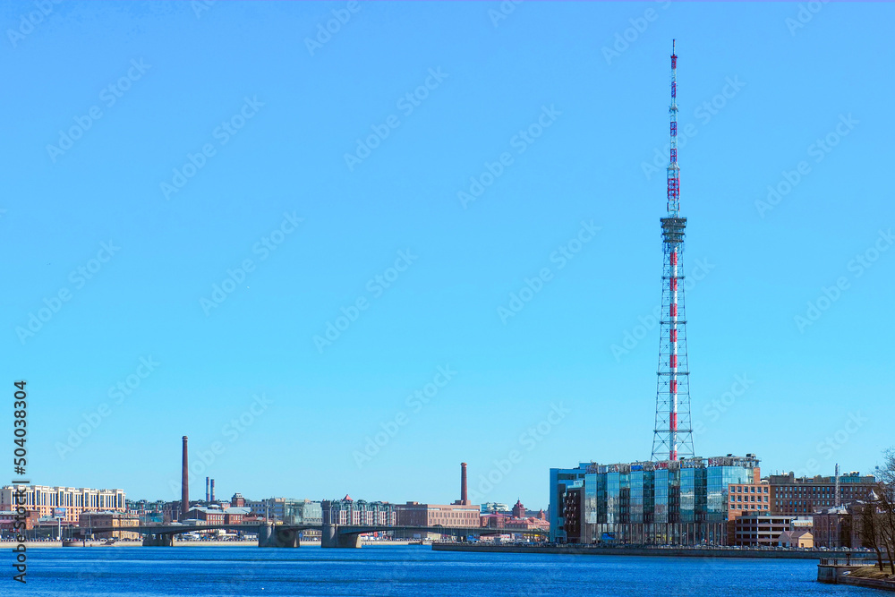 Television tower and buildings on Aptekarskaya embankment, Kantemirovsky Bridge, St. Petersburg, Russia