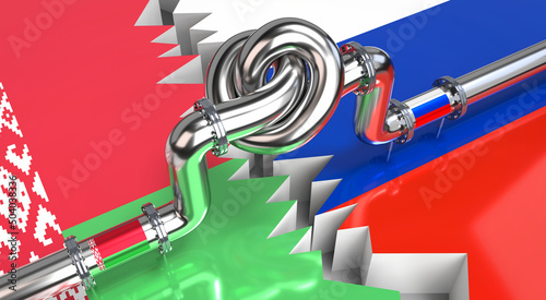 Fuel/ gas pipeline with a knot, flags of Belarus and Russia - 3D illustration photo