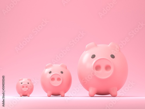 3d pink money piggies standing in a row