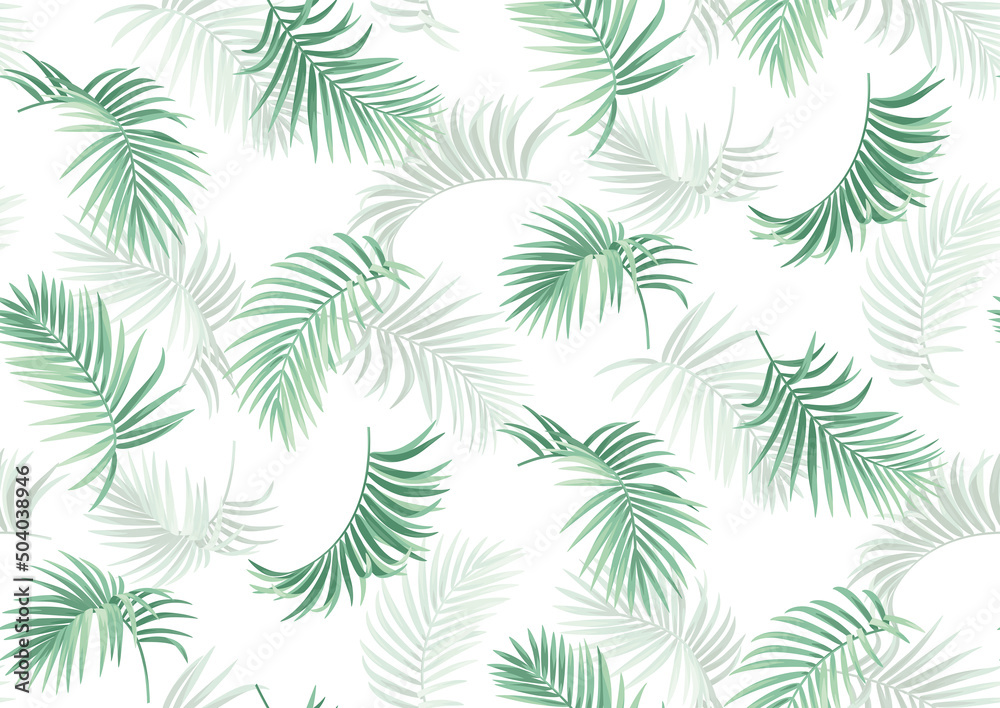 Seamless pattern with tropical palm leaves. Realistic style. Foliage design on a white background. Vector illustration.