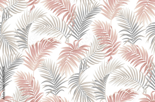 Seamless pattern with tropical palm leaves. Realistic style. Foliage design on a white background. Vector illustration.
