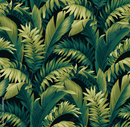 Seamless pattern with tropical palm leaves. Realistic style. Foliage design on a black background. Vector illustration. © Anna Sm
