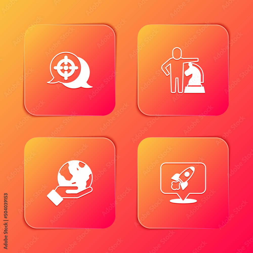 Set Target, Chess, Hand holding Earth globe and Rocket ship icon. Vector