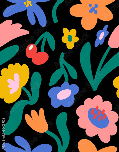 Floral seamless pattern in cute style on a black background. Vector botanical illustration. Summer cartoon design.