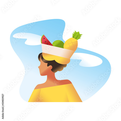 Palenquera Colombian woman with fruit basket on her head Vector illustration