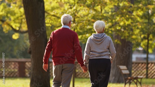 Back shot of senior retired couple spending their leisure time by walking in nearby park in autumn. True love and long lasting relationships. High quality photo