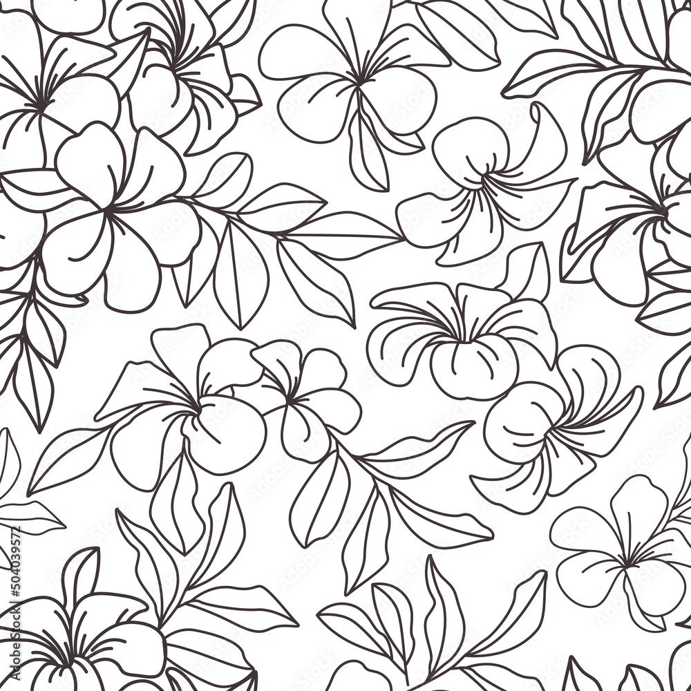 Fototapeta premium Seamless pattern with vector illustration. Coloring the Hawaiian plumeria flower an exotic. Coloring page
