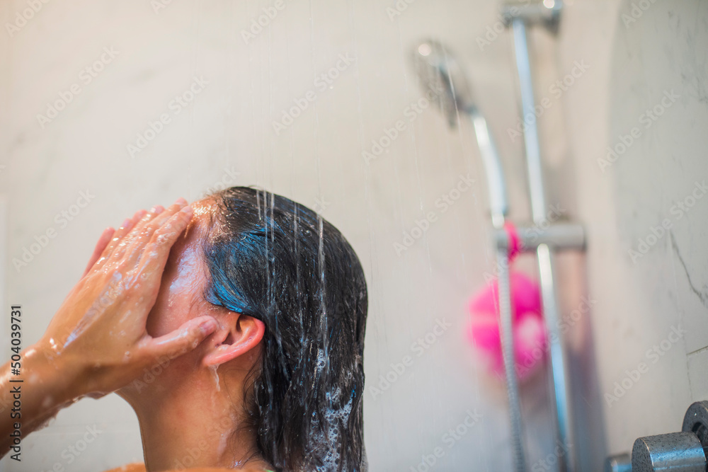 Shampoo & Drying hair in bathroom Stock Photo Adobe Stock