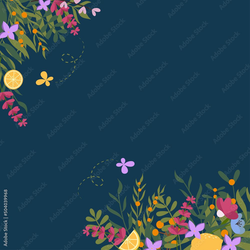Summer banner design with flowers, leaves, lemons.