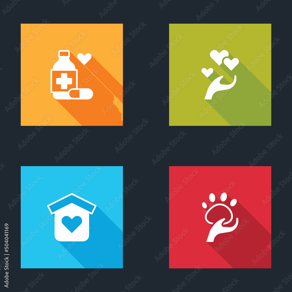 Set Medicine bottle and pills, Heart hand, Shelter for homeless and Animal volunteer icon. Vector Set Medicine bottle and pills, Heart hand, Shelter for homeless and Animal volunteer icon. Vector