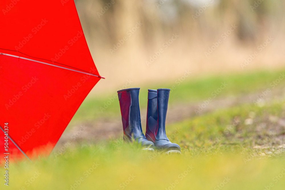 Bad weather and rainy days: Focus on blue wellies or rubber boots and a red umbrella on a rural dirt road in early spring outdoors