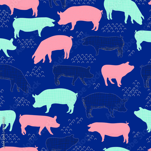pigs vector seamless pattern isolated hand drawn illustration silhouettes
