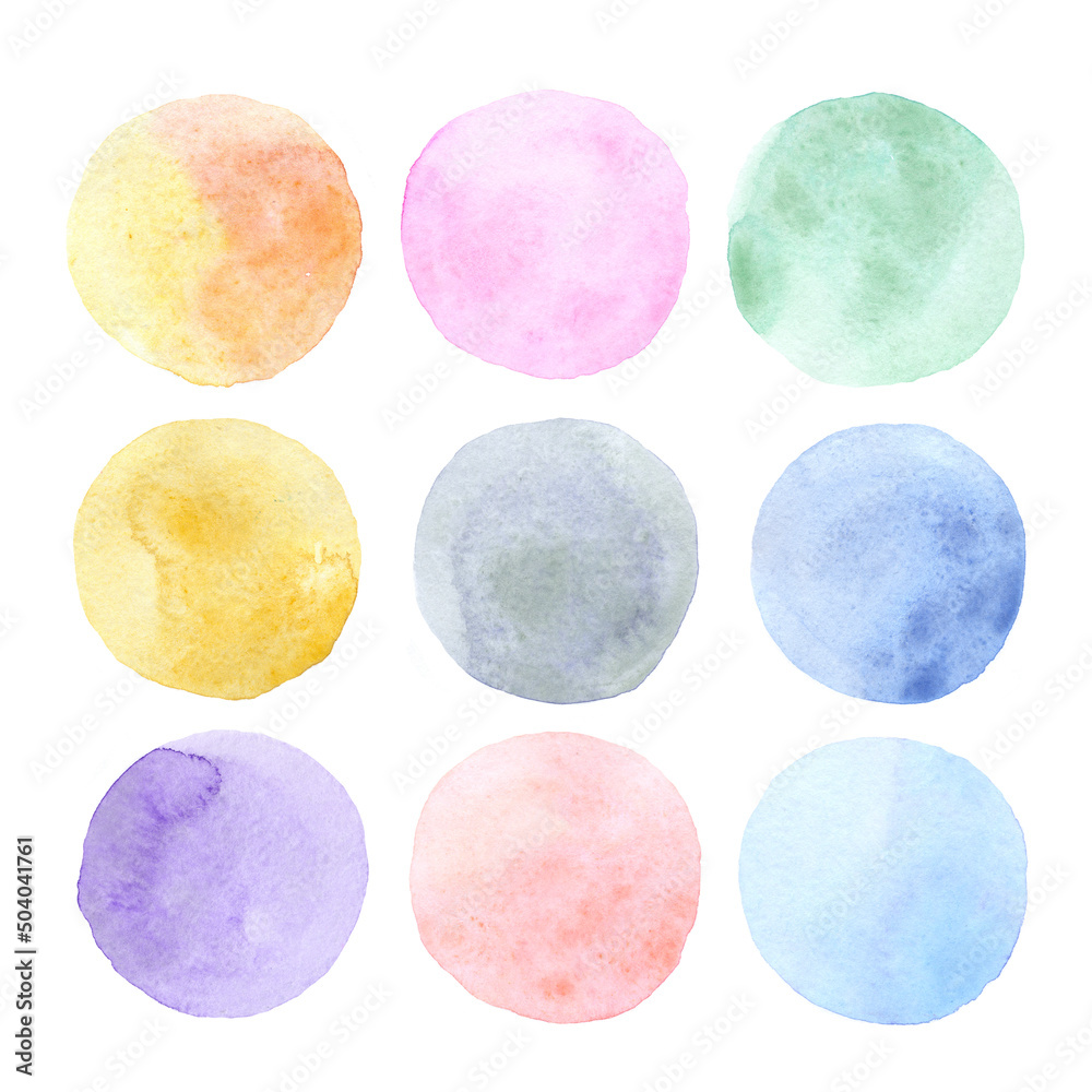 Watercolor blue, pink, green, yellow, violet circles, design elements, stains isolated on white background. Watercolor blue, pink, green, yellow, violet circles, design elements, stains isolated on white background.