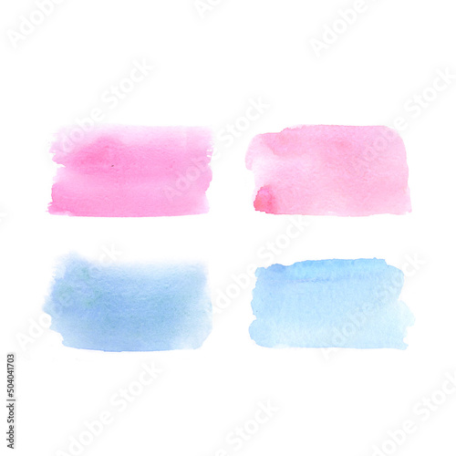 Set of watercolor pink, blue paint strokes isolated on white background.