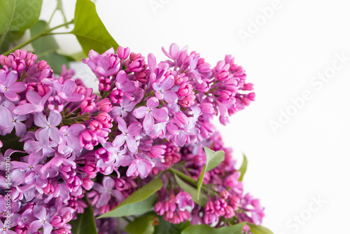 Fresh branches of purple lilac blossoms on white table background. Pastel color. Empty place for inspirational, happy text, lovely quote or positive sayings. Flat lay. Top down view. Closeup.