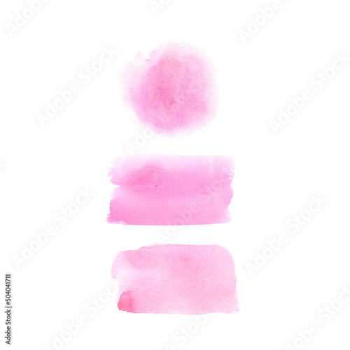 Watercolor hand drawn pink stains, circles, frames isolated on white background.
