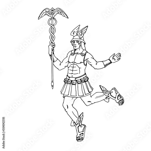 Flying Mercury in armor. The ancient Roman god of trade and luck. Vector illustration with contour lines in black ink isolated on a white background in cartoon and hand-drawn style.