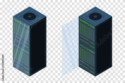 Isometric servers. Data storages. 3D computer equipment. Storage database. Equipment server network. Big data illustration