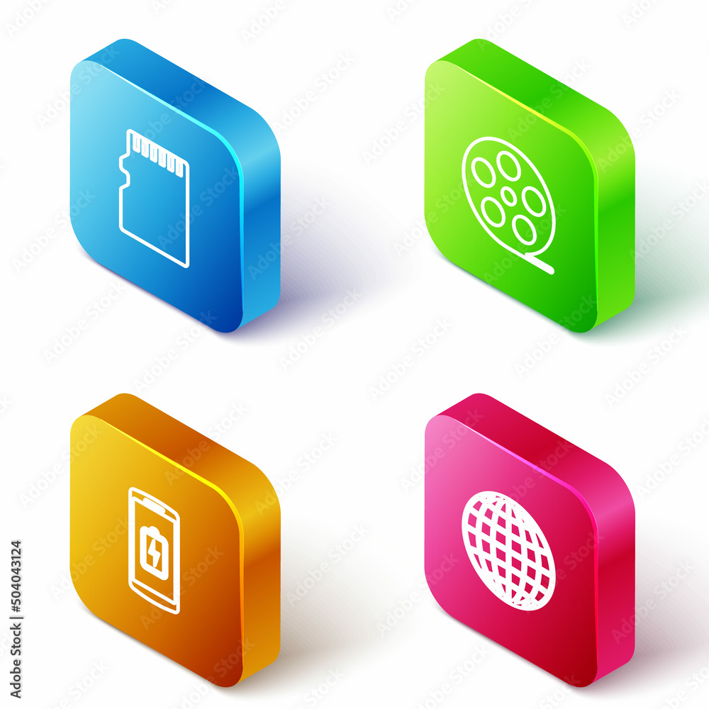 Set Isometric line Micro SD memory card, Film reel, Smartphone battery charge and Earth globe icon. Vector Set Isometric line Micro SD memory card, Film reel, Smartphone battery charge and Earth globe icon. Vector