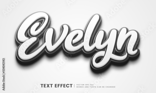 Editable 3d black and white Evelyn text effect. Fancy font style perfect for logotype, heading and title