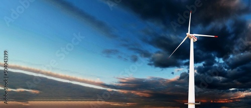 Wind turbines generating electricity on sunset sky, 3D Rendering.