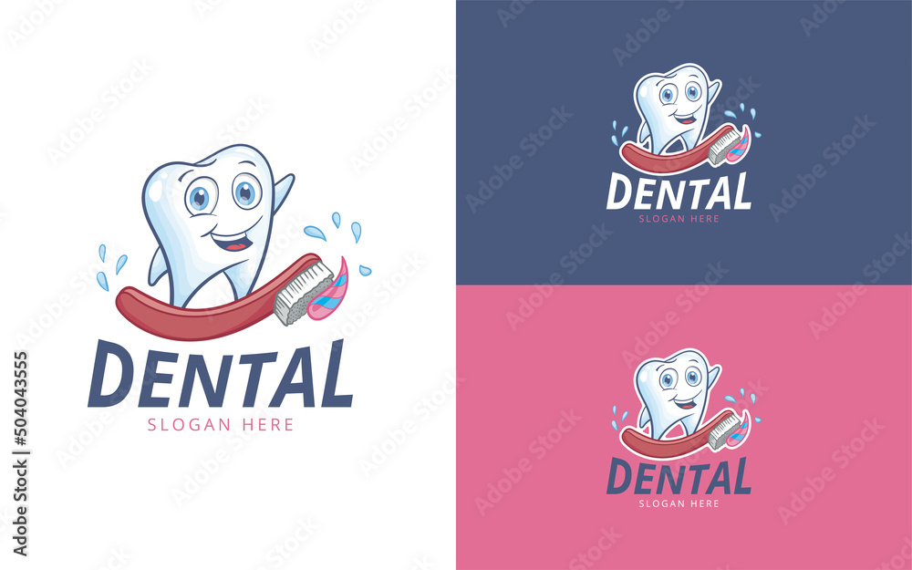 Dental logo with a smiling tooth surfing with a toothbrush and toothpaste.