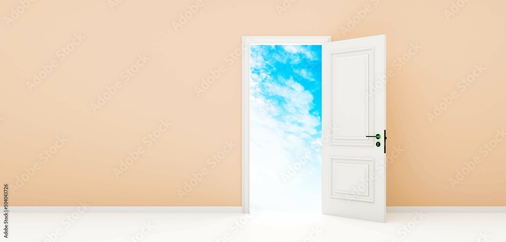Cream Room with the door open for a sky. Door to heaven. 3D Rendering.
Cream Room with the door open for a sky. Door to heaven. 3D Rendering.