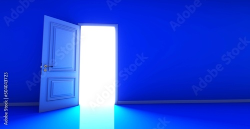 Blue Room with the door open for a sky. Door to heaven. 3D Rendering. 