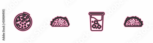 Set line Pizza, Glass with water, Taco tortilla and icon. Vector