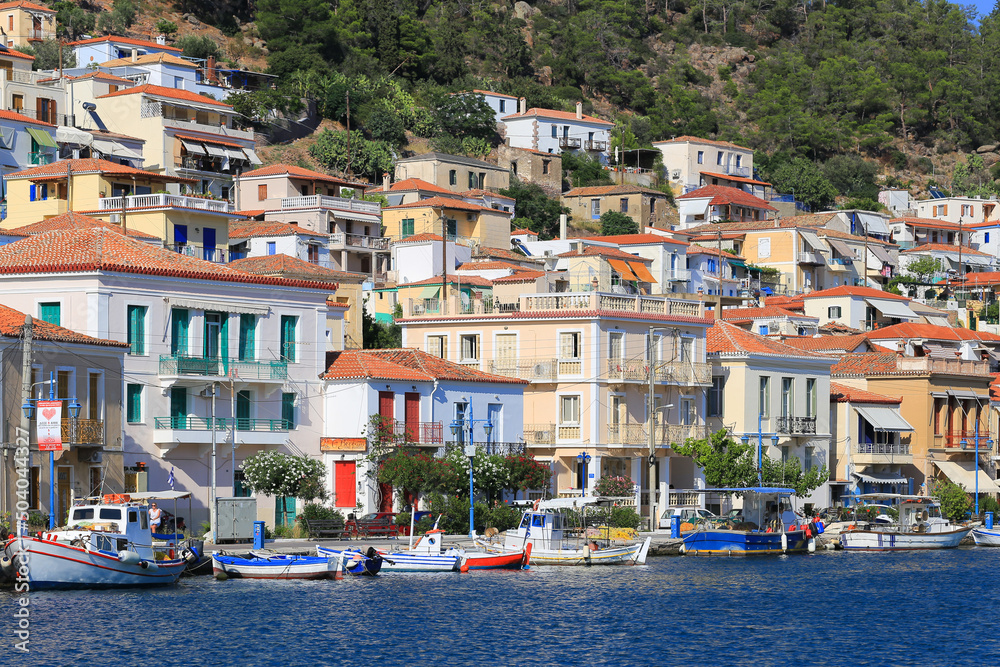 Greek island Poros with boats and houses