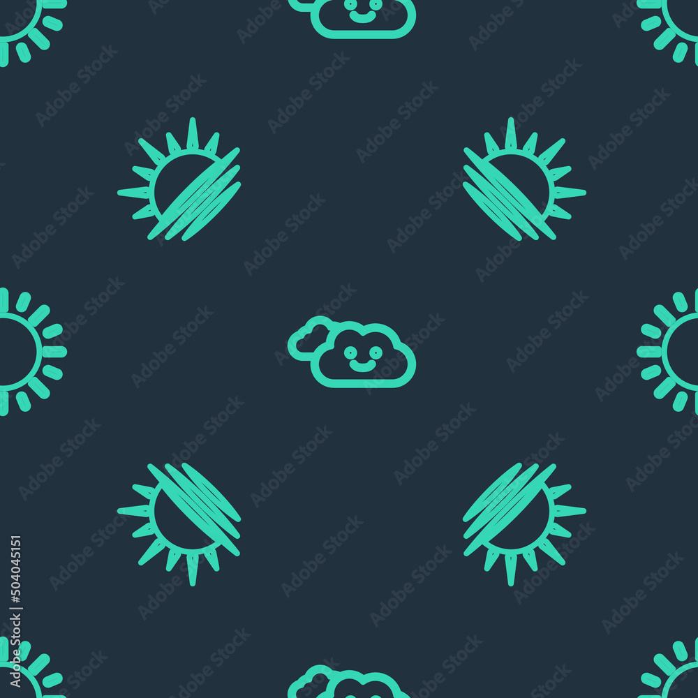 Set line Cloud, Sunset and on seamless pattern. Vector