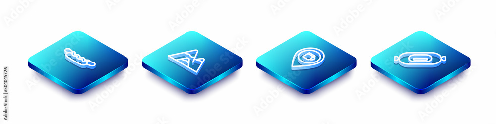 Set Isometric line Hotdog sandwich, Mountains, Alcohol or beer bar location and Salami sausage icon. Vector Set Isometric line Hotdog sandwich, Mountains, Alcohol or beer bar location and Salami sausage icon. Vector