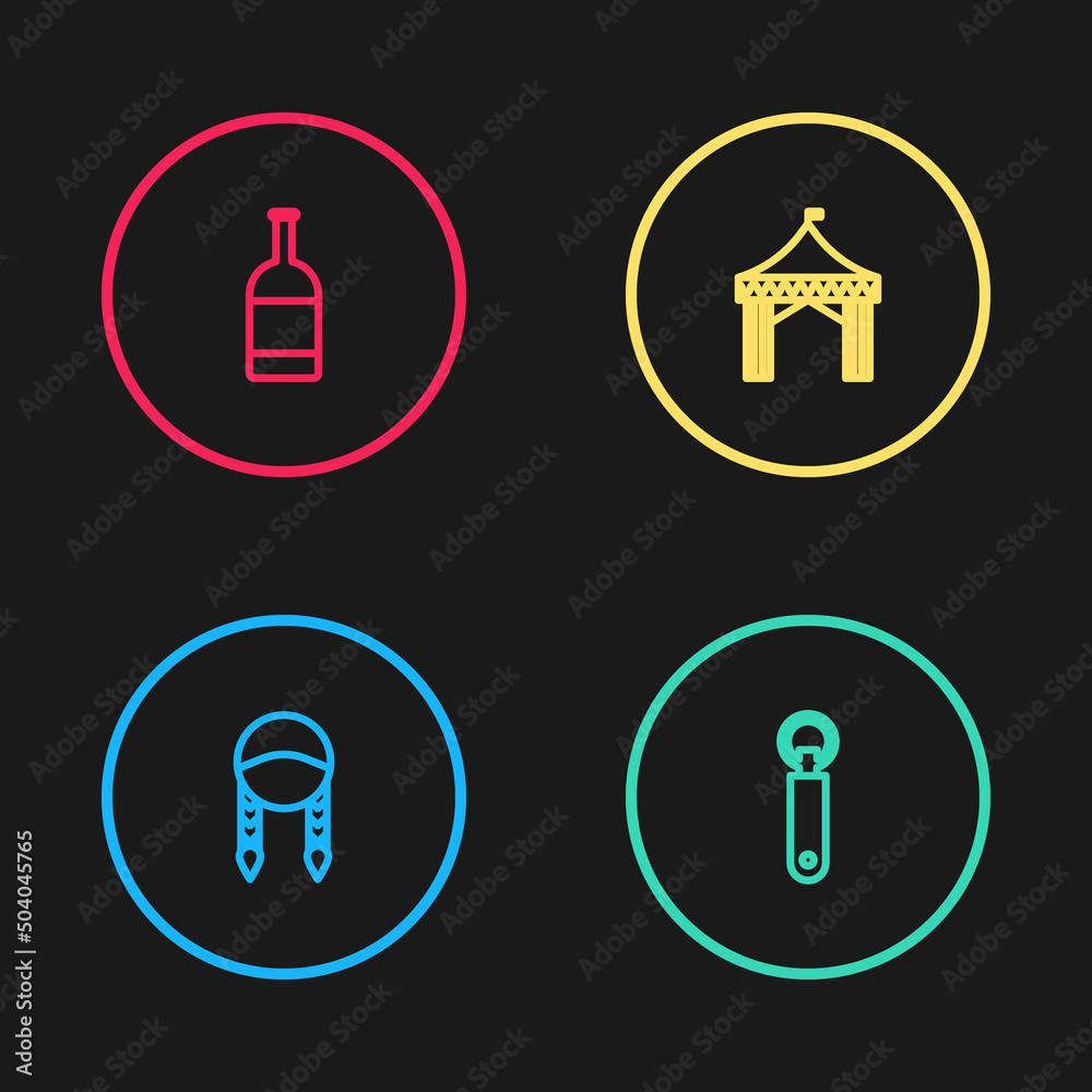 Set line Braid, Bottle opener, Camping tent and Beer bottle icon. Vector Set line Braid, Bottle opener, Camping tent and Beer bottle icon. Vector