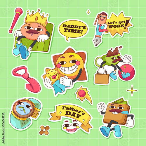 Line Art chunky Hippie Retro Happy Father's day stickers, psychedelic groovy set bundle elements. Cute vintage icons Sticker Label in 70s, 80s, 90s style. Flat vector illustration, design templates.