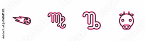 Set line Comet falling down fast, Capricorn zodiac, Virgo and Ox icon. Vector